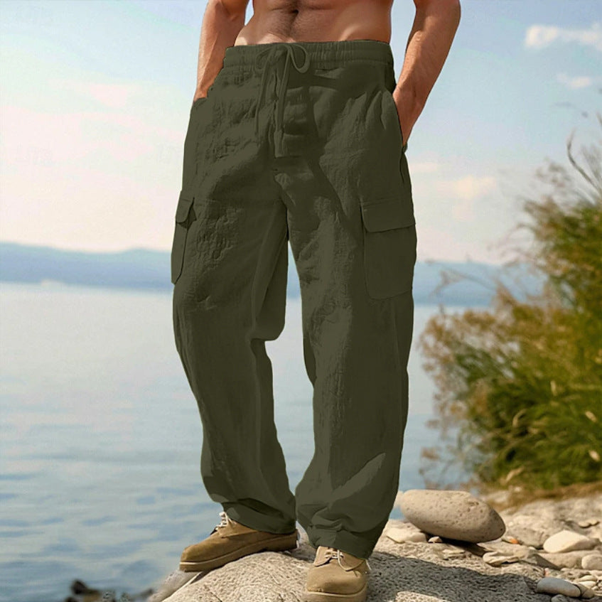 Herren weite Casual-Cargohose aus Leinen-Baumwollmix mit Elastikbund, Tunnelzug und großen Pattentaschen Shop Nory