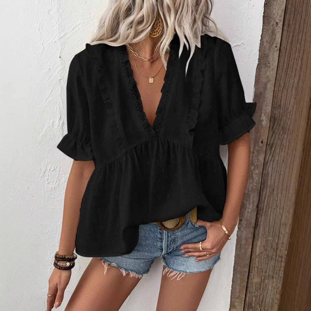 Damen elegantes Blusenshirt mit Rüschendetails und V-Ausschnitt