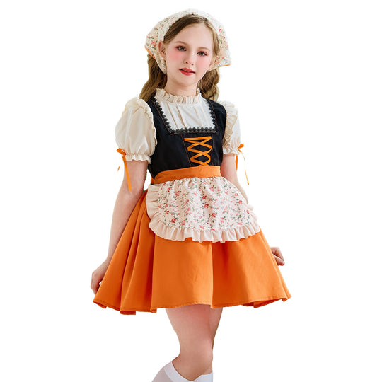 Damen nan traditionelles Kinderdirndl mit Schnürung, Rüschenschürze und Kopftuch Shop Nory