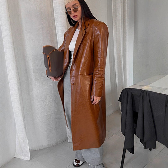Damen Lang geschnittener Lackleder-Trenchcoat mit Reverskragen und kastiger Oversize-Passform Shop Nory