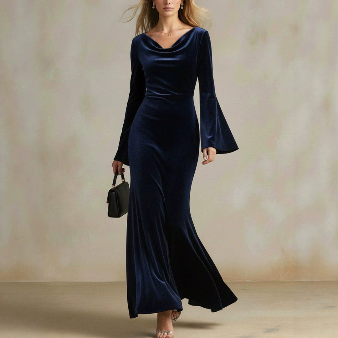 Damen Samt-Abendkleid mit Wasserfall-Ausschnitt, taillierter Silhouette und ausgestellten Trompetenärmeln Shop Nory