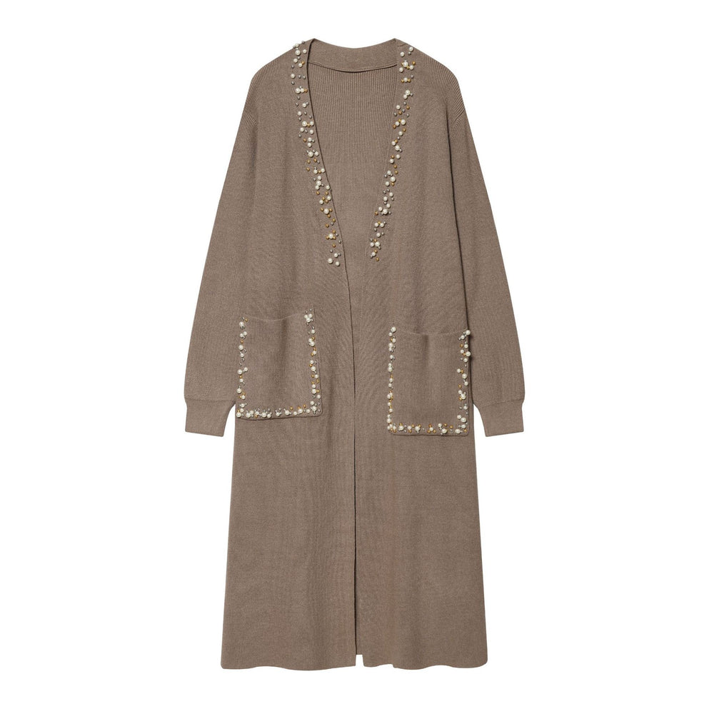 Damen lange offene Strickjacke mit Perlenbesatz und aufgesetzten Taschen Shop Nory