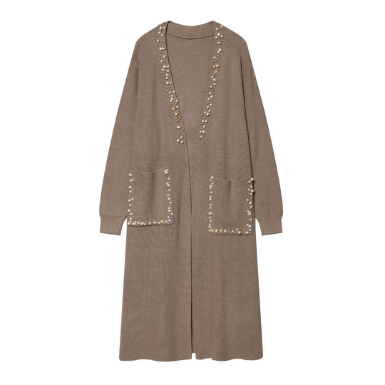 Damen lange offene Strickjacke mit Perlenbesatz und aufgesetzten Taschen Shop Nory