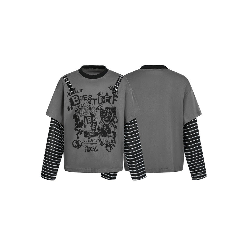 Damen Lagenlook-T-Shirt mit gestreiften Ärmeln und Graffiti-Print Shop Nory