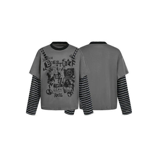 Damen Lagenlook-T-Shirt mit gestreiften Ärmeln und Graffiti-Print Shop Nory