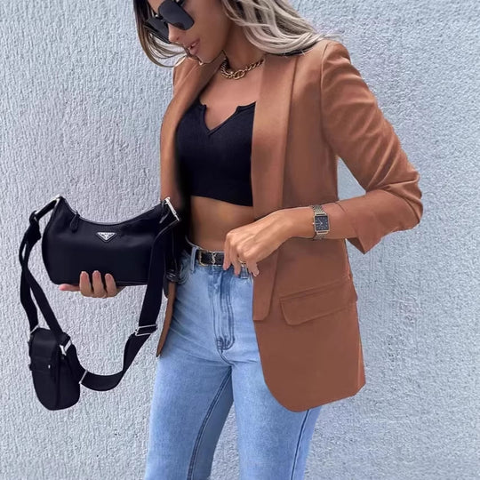 Damen Kariierter Longblazer mit legerer Passform, aufgesetzten Taschen und Dreiviertelärmeln Shop Nory