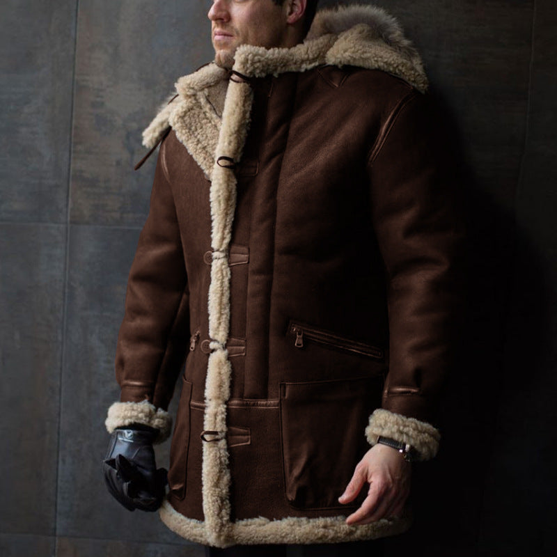 Herren Lammfell-Mantel mit Kapuze und praktischen Taschen