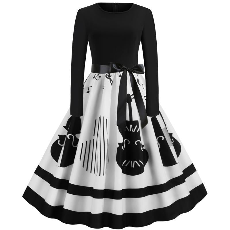 Damen Swing-Kleid im Retro-Stil mit instrumentalem Print, tailliertem Oberteil und voluminösem Tellerrock Shop Nory
