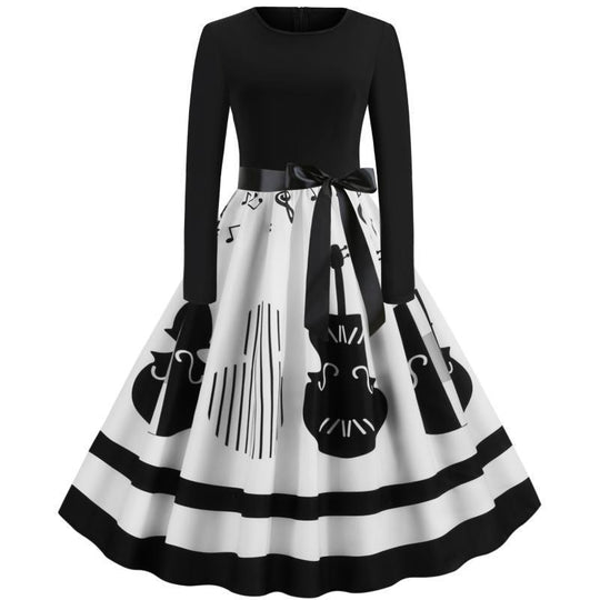 Damen Swing-Kleid im Retro-Stil mit instrumentalem Print, tailliertem Oberteil und voluminösem Tellerrock Shop Nory