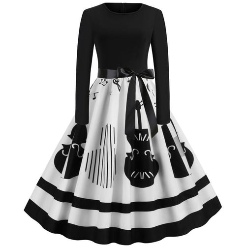 Damen Swing-Kleid im Retro-Stil mit instrumentalem Print, tailliertem Oberteil und voluminösem Tellerrock Shop Nory
