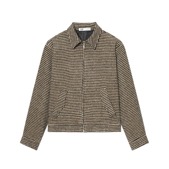 Damen Boxy-Kurzjacke aus Wollmix mit Hahnentrittmuster, Reißverschluss und Hemdkragen Shop Nory