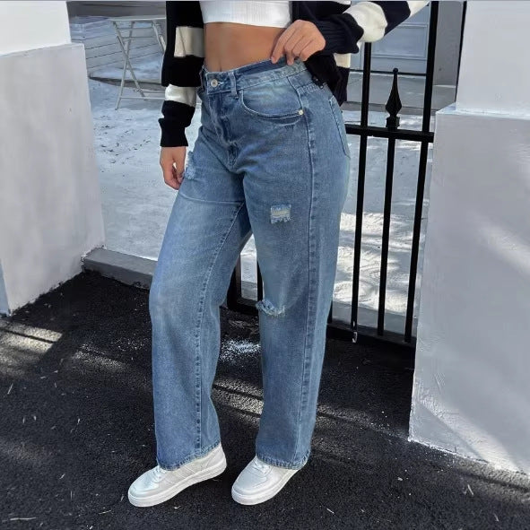 Damen hochtaillierte Relaxed‑Straight Denim‑Jeans mit weitem Bein und dezenten Destroy‑Details Shop Nory