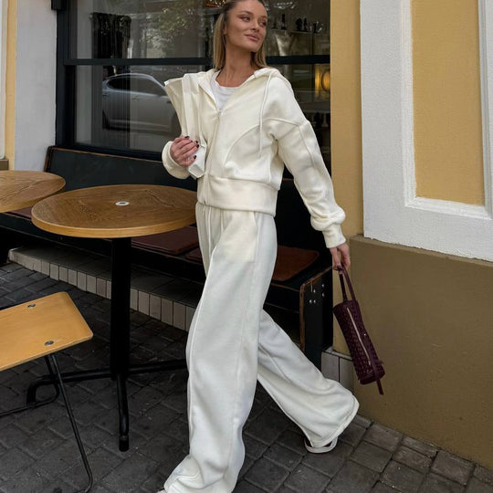 Damen Fleece-Lounge-Set mit kurzem Reißverschluss-Hoodie und taillenhoher Kordel-Jogginghose Shop Nory