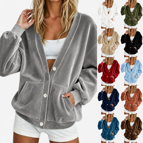 Damen Oversize-Relax-Cardigan aus Velours mit Knopfleiste und Eingrifftaschen Shop Nory