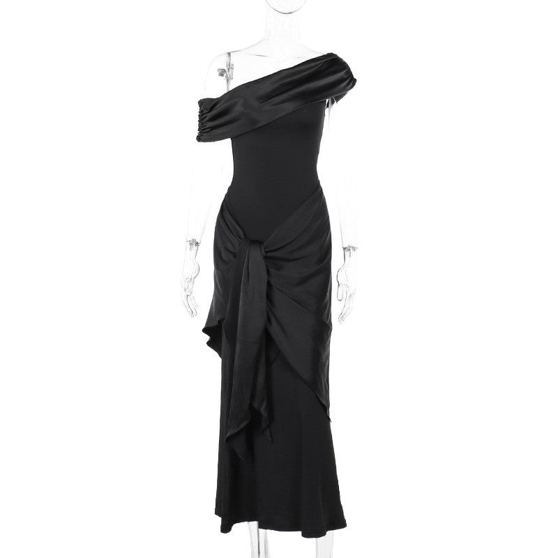 Damen Langarm Maxikleid mit asymmetrischem Schnitt und dekorativen Drapierungen