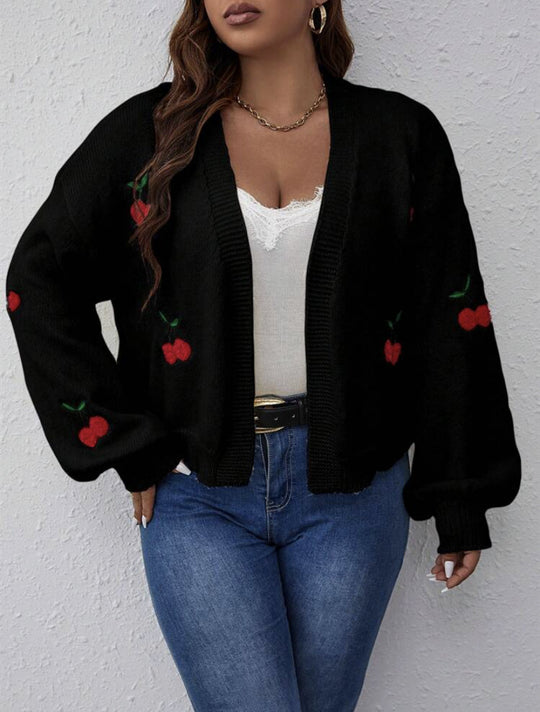 Damen Kurzgeschnittener Oversize-Cardigan mit Kirsch-Stickerei Shop Nory