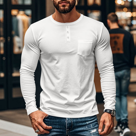 Herren nan figurbetontes Henley-Langarmshirt mit Brusttasche und feinem Stretchjersey Shop Nory