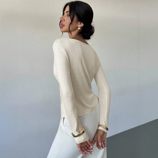 Damen elegantes drapiertes Langarm-Top mit Wasserfallkragen und taillierter Silhouette Shop Nory