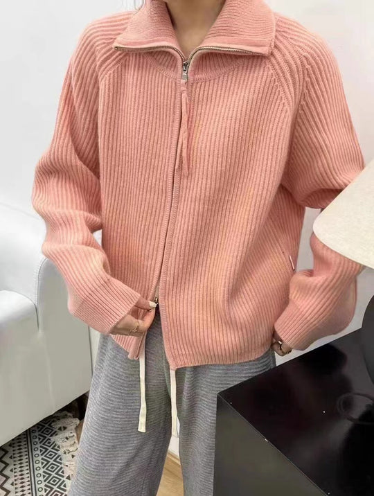 Damen Oversize-Strickjacke mit Reißverschluss, Stehkragen und gerippter Struktur Shop Nory