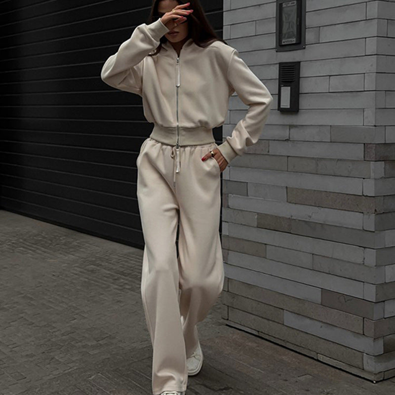 Damen Zweiteiliges Loungewear-Set mit kurzem Zip-Bomber und weiter High-Waist-Palazzohose Shop Nory