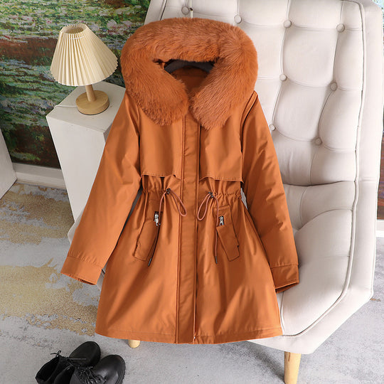 Damen nan mittellanger wasserabweisender Parka mit voluminösem Kunstfellkragen, Taillenzug und multifunktionalen Pattentaschen Shop Nory