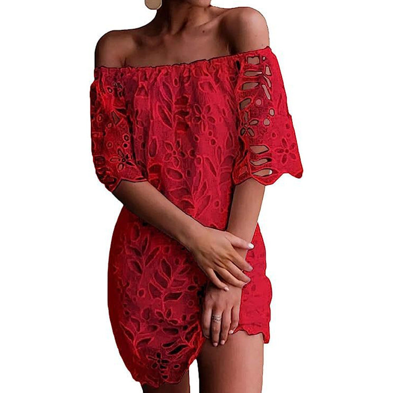 Damen Off-Shoulder Kleid mit floralen Cut-Outs und luftigen Ärmeln