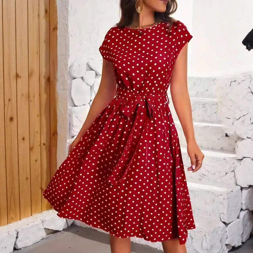 Damen Midikleid mit taillierendem Bindegürtel und verspieltem Polka-Dots Design