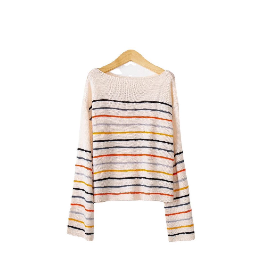 Damen Kurzgeschnittener Feinstrick-Pullover mit Rundhalsausschnitt, mehrfarbigen Horizontalstreifen und überschnittenen Schultern Shop Nory
