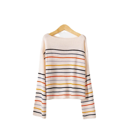 Damen Kurzgeschnittener Feinstrick-Pullover mit Rundhalsausschnitt, mehrfarbigen Horizontalstreifen und überschnittenen Schultern Shop Nory