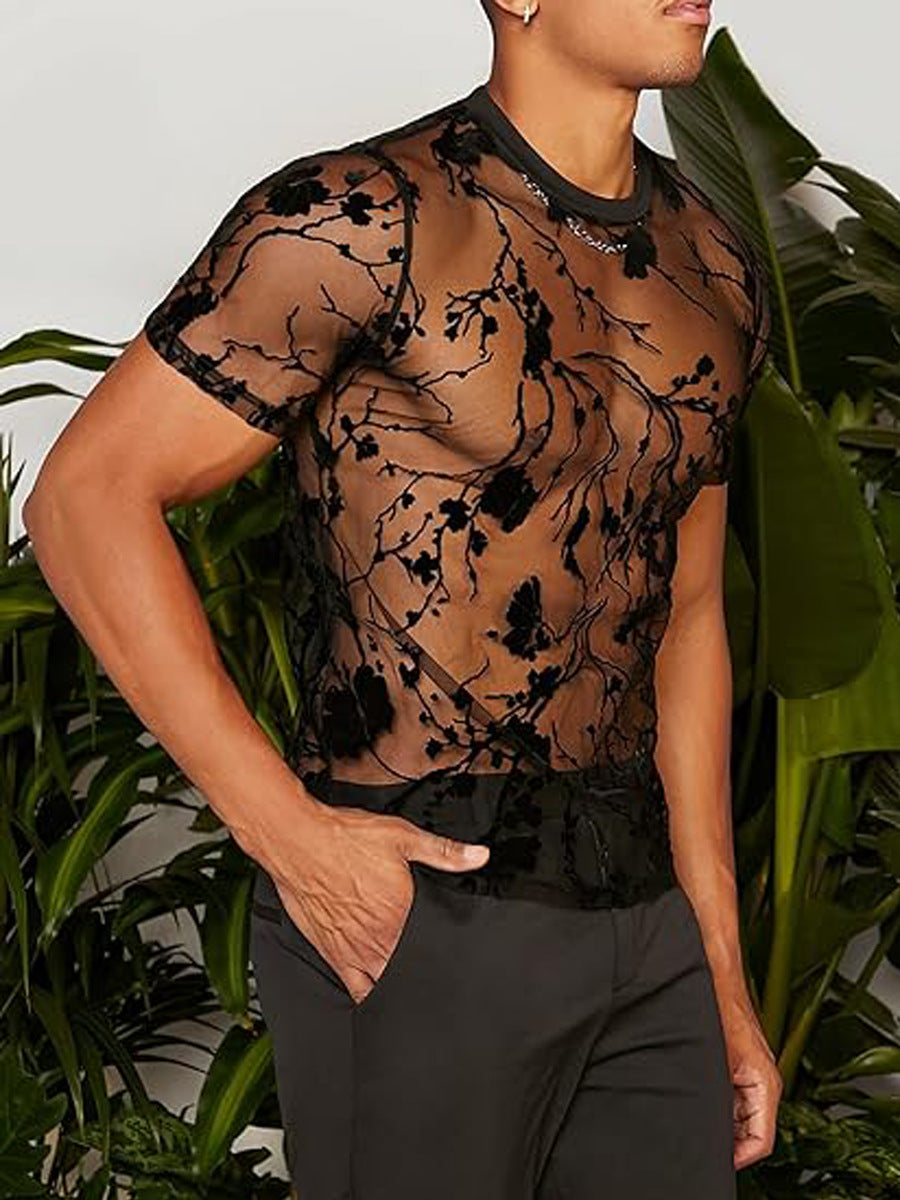 Herren Netz-T-Shirt mit floralem Design und elastischen Abschlüssen