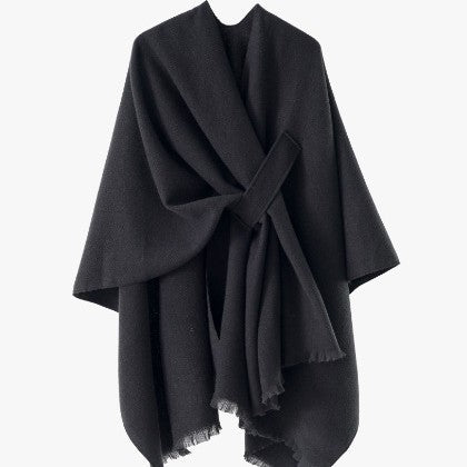 Damen leichter Wollmix-Überwurf mit Fransen und Bindegürtel Shop Nory