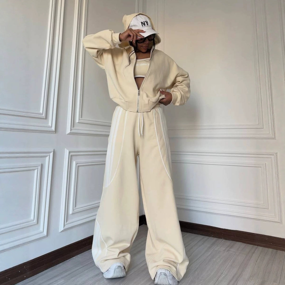 Damen Oversize Kapuzen-Sweatjacke mit Reißverschluss und weitem Trackpant-Set Shop Nory