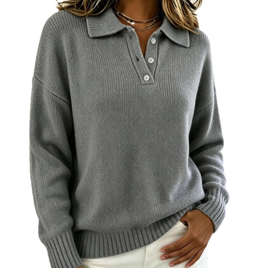 Damen Polokragen-Feinstrickpullover mit Knopfleiste und gerippten Bündchen Shop Nory