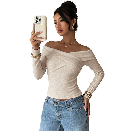 Damen Schulterfreies Wickel-Longsleeve mit Carmenkragen und taillierter Passform Shop Nory
