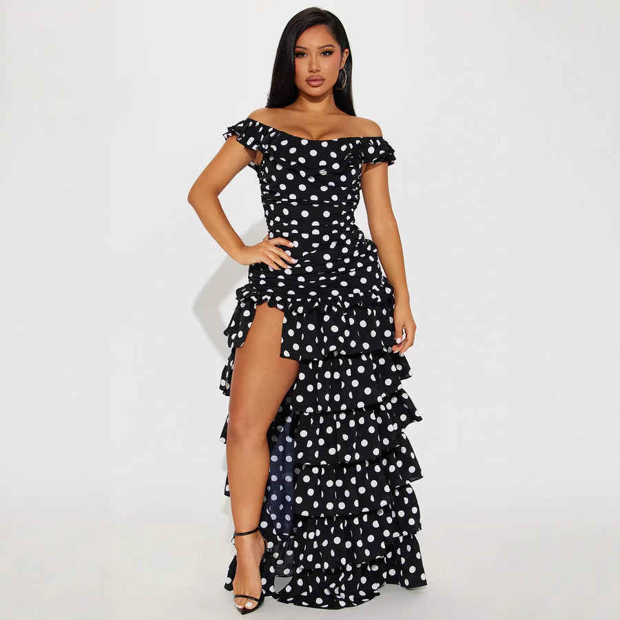 Damen Off-Shoulder Maxikleid mit Rüschen und aufregendem Schlitz Shopnory