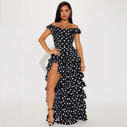 Damen Off-Shoulder Maxikleid mit Rüschen und aufregendem Schlitz Shopnory