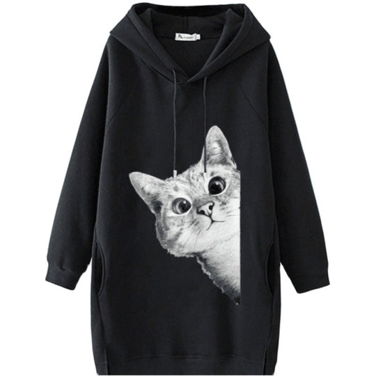 Damen Oversize Kapuzenkleid aus Sweat mit großem Katzenprint und Seitentaschen Shop Nory