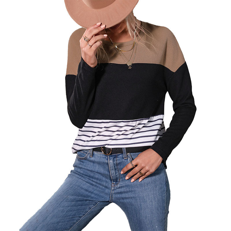 Damen Leichtes Rundhals‑Strickshirt mit Waffelstruktur‑Schulter und maritimem Streifenbund Shop Nory