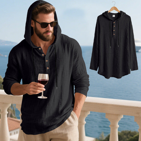 Herren lässiges Kapuzenshirt aus weichem Baumwollmix mit Knopfleiste und praktischen Taschen
