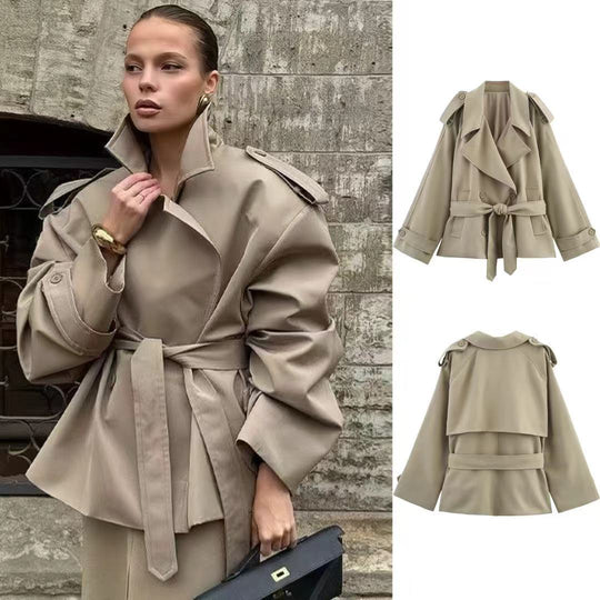 Damen Kurzer Trenchcoat mit Bindegürtel und Cape-Ärmeln Shop Nory