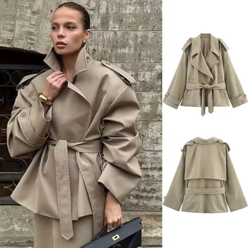 Damen Kurzer Trenchcoat mit Bindegürtel und Cape-Ärmeln Shop Nory