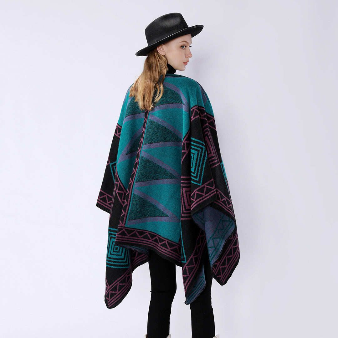 Damen Geometrischer Wollmix-Überwurfponcho mit Kettelkante Shop Nory