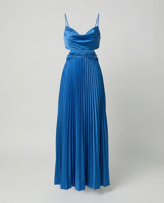 Damen Satin Maxikleid mit Faltenrock und Cut-Out