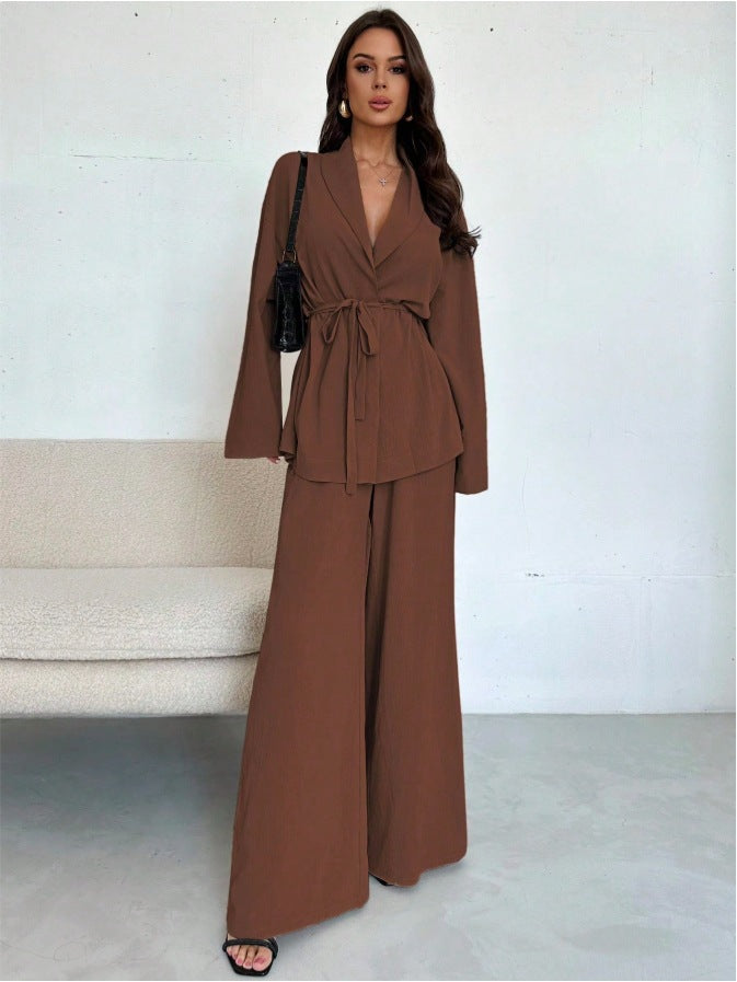 Damen Entspannter Wickelblazer und Weite-Hosen Set Shop Nory
