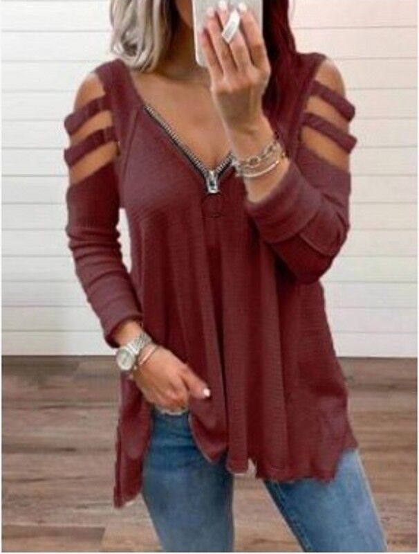 Damen lässiges Oberteil mit modischen Cut-Out-Details und Reißverschluss Shopnory