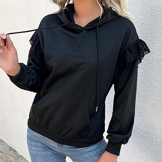 Damen Kapuzenpullover mit Spitzenvolant, Kängurutasche & Rippbündchen Shop Nory