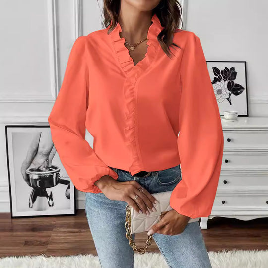 Damen Elegante Rüsch Bluse mit V-Ausschnitt, Ballonärmeln und elastischen Manschetten Shop Nory