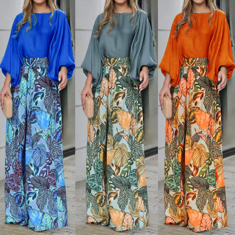 Damen Zweiteiler-Set aus Bluse mit Ballonärmeln und High-Waist Palazzo-Hose Shop Nory