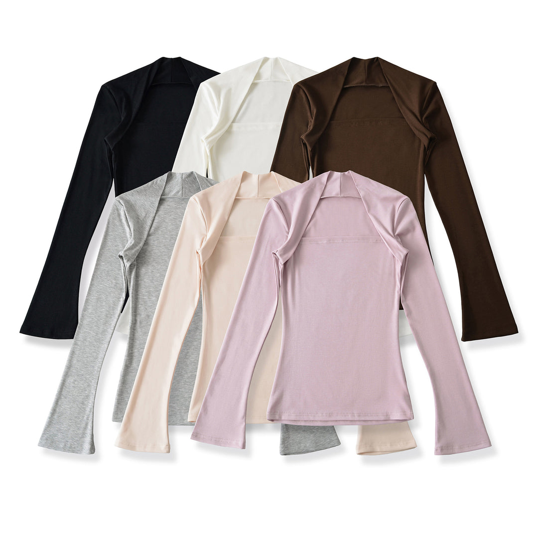 Damen Figurbetontes Langarm-Top mit weitem Schalkragen und Trompetenärmeln Shop Nory