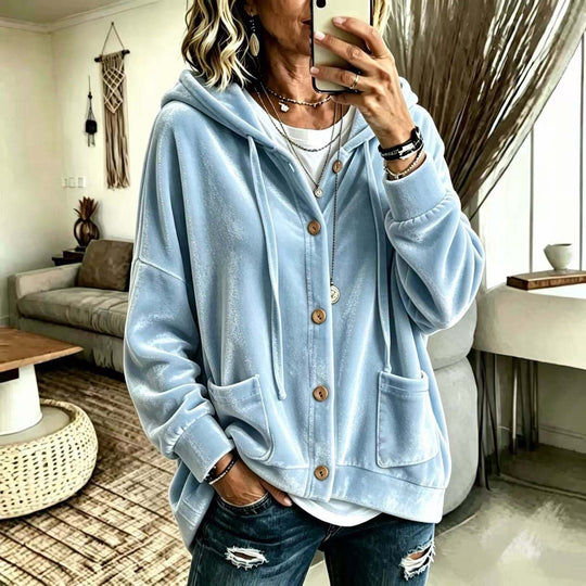 Damen Oversize Kapuzen-Samtjacke mit Knopfleiste und aufgesetzten Taschen Shop Nory